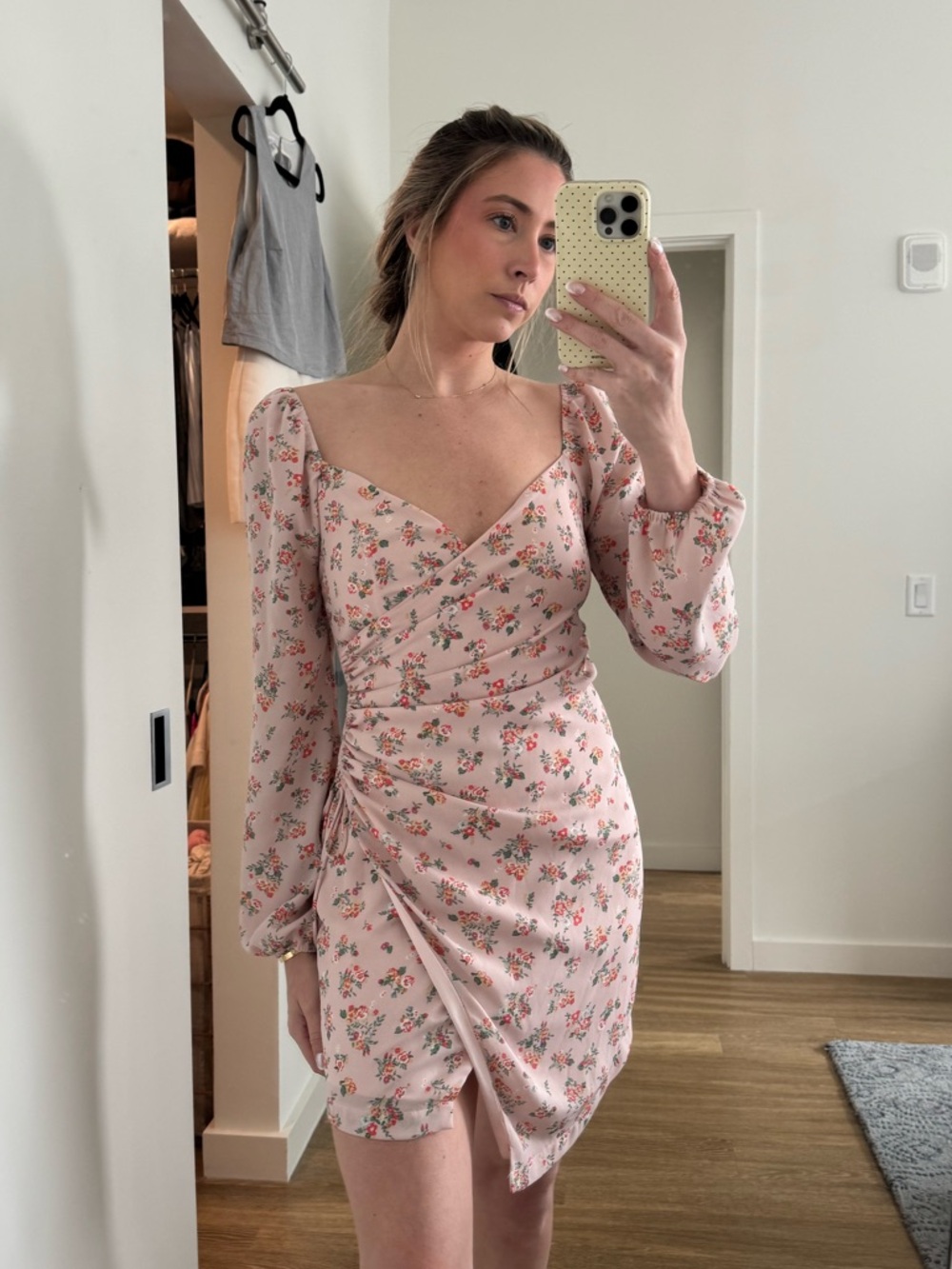 Altar’d State Floral Pink Puff-Sleeve Wrap Mini Dress